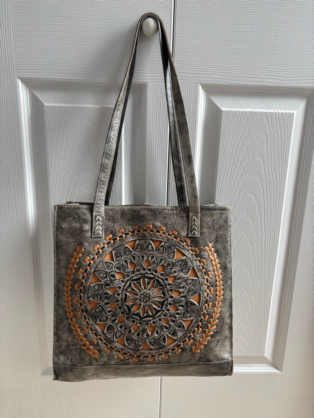 Leaders in leather Gray Tote Bag with Orange Accents - Mandala Embossed Design